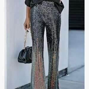 EVALESS Women High Waist Sparkly 70's Disco Wide Leg Flare Sequin Pants Lounge